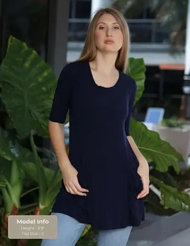 Popana ayollar 3/4 yengli tunika, cho'ntakli - AQShda tayyorlangan legginslar bilan kiyish uchun uzun ko'ylaklar - ayollar uchun tunika pulover - 2