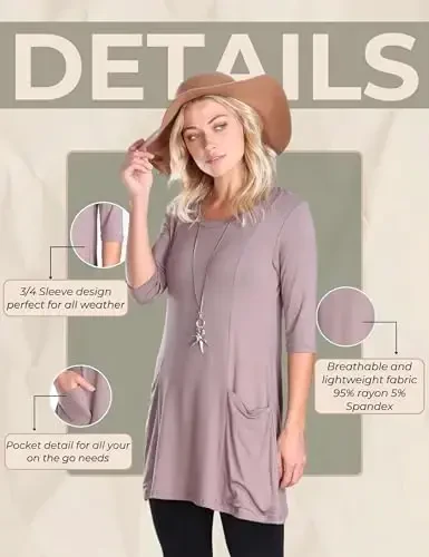 Popana Ayollar 3/4 Yengli Tunika Cho'ntakli Top - AQShda Leggings bilan Kiyish uchun Uzun Ko'ylaklar - Ayollar uchun Tunika Pullover - 6