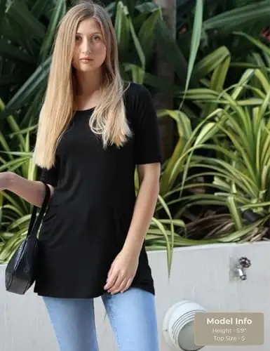 Popana ayollar 3/4 yengli tunika tepasi cho'ntaklar bilan - AQShda tayyorlangan Leggings bilan kiyish uchun uzun ko'ylaklar - Ayollar uchun tunika pulover - 2