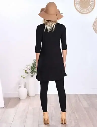 Popana ayollar 3/4 yengli tunika tepasi cho'ntaklar bilan - AQShda tayyorlangan Leggings bilan kiyish uchun uzun ko'ylaklar - Ayollar uchun tunika pulover - 5