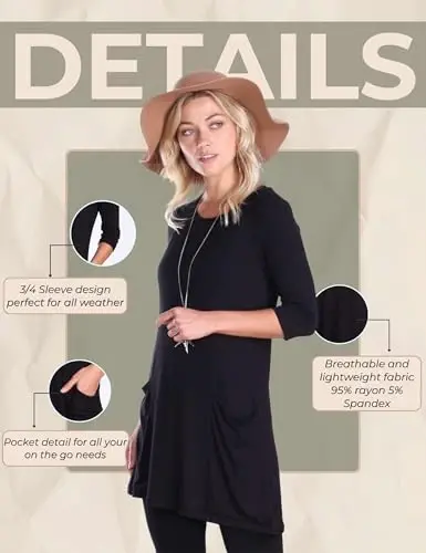 Popana ayollar 3/4 yengli tunika tepasi cho'ntaklar bilan - AQShda tayyorlangan Leggings bilan kiyish uchun uzun ko'ylaklar - Ayollar uchun tunika pulover - 6