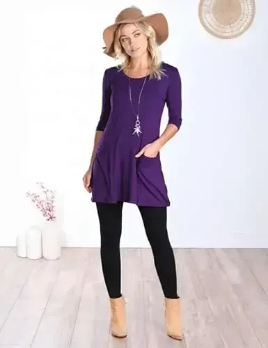 Popana Ayollar 3/4 Yengli Tunika Top cho'ntaklar bilan - AQShda Leggings bilan kiyish uchun uzun ko'ylaklar - Ayollar uchun tunika pulover - 3