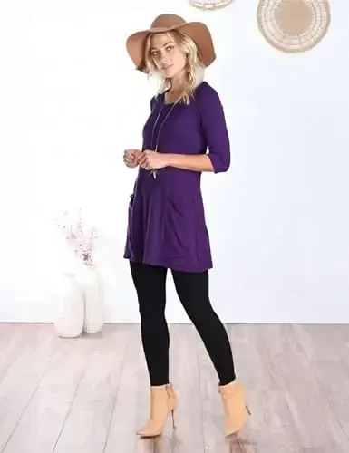 Popana Ayollar 3/4 Yengli Tunika Top cho'ntaklar bilan - AQShda Leggings bilan kiyish uchun uzun ko'ylaklar - Ayollar uchun tunika pulover - 4