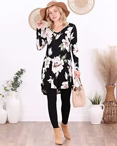 Popana ayollar uzun yengli tunik toplamlari legginglar bilan kiyish uchun - Ayollar uchun uzun tunik ko'ylaklar Keng Bichimli Chiqimli Kattaroq Hajmli Kundalik - 3