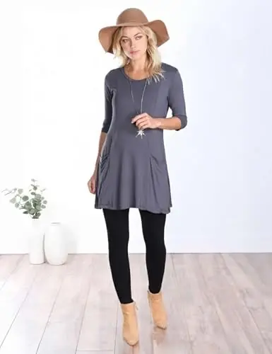 Popana Womens 3/4 Sleeve Tunic Top with Pockets - Made in USA Long Shirts to Wear with Leggings - Tunic Pullover for Women - 3