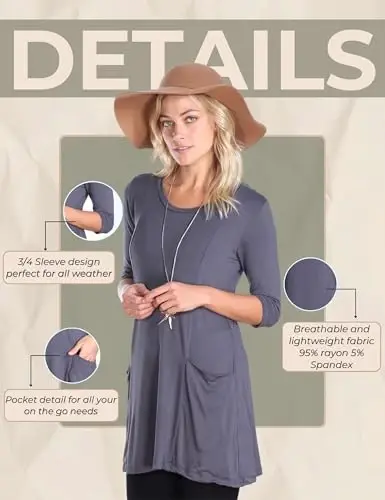Popana Womens 3/4 Sleeve Tunic Top with Pockets - Made in USA Long Shirts to Wear with Leggings - Tunic Pullover for Women - 6