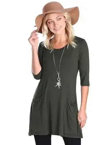 Popana Womens 3/4 Sleeve Tunic Top with Pockets - Made in USA Long Shirts to Wear with Leggings - Tunic Pullover for Women - Modazone