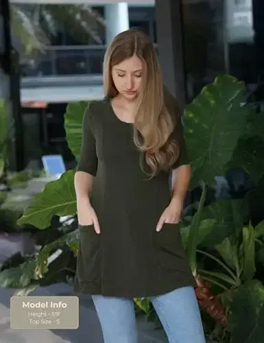 Popana Womens 3/4 Sleeve Tunic Top with Pockets - Made in USA Long Shirts to Wear with Leggings - Tunic Pullover for Women - Modazone (1)