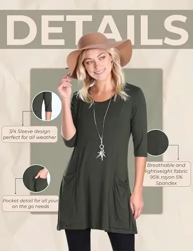 Popana Womens 3/4 Sleeve Tunic Top with Pockets - Made in USA Long Shirts to Wear with Leggings - Tunic Pullover for Women - 6