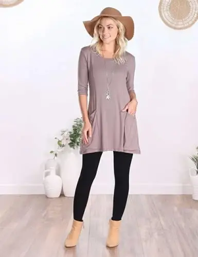 Popana Womens 3/4 Sleeve Tunic Top with Pockets - Made in USA Long Shirts to Wear with Leggings - Tunic Pullover for Women - 3