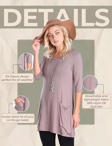 Popana Womens 3/4 Sleeve Tunic Top with Pockets - Made in USA Long Shirts to Wear with Leggings - Tunic Pullover for Women - 6