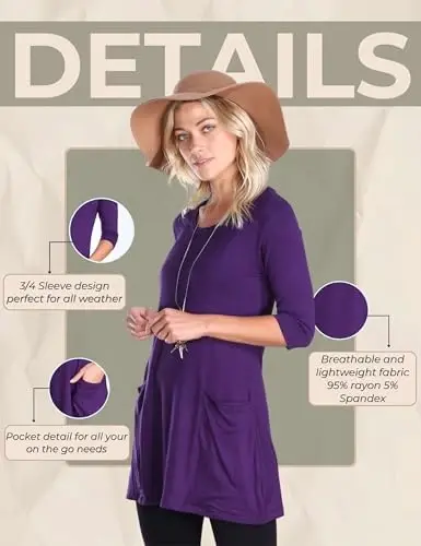 Popana Womens 3/4 Sleeve Tunic Top with Pockets - Made in USA Long Shirts to Wear with Leggings - Tunic Pullover for Women - 6