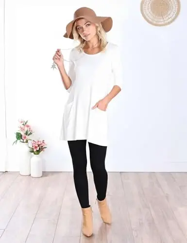 Popana Womens 3/4 Sleeve Tunic Top with Pockets - Made in USA Long Shirts to Wear with Leggings - Tunic Pullover for Women - 3