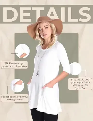 Popana Womens 3/4 Sleeve Tunic Top with Pockets - Made in USA Long Shirts to Wear with Leggings - Tunic Pullover for Women - 6