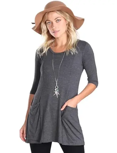 Popana Womens 3/4 Sleeve Tunic Top with Pockets - Made in USA Long Shirts to Wear with Leggings - Tunic Pullover for Women 