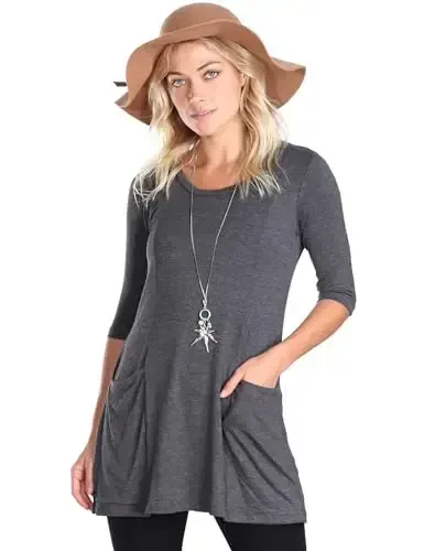 Popana Womens 3/4 Sleeve Tunic Top with Pockets - Made in USA Long Shirts to Wear with Leggings - Tunic Pullover for Women - Popana