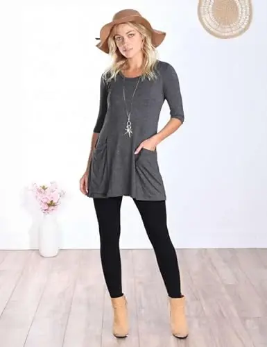 Popana Womens 3/4 Sleeve Tunic Top with Pockets - Made in USA Long Shirts to Wear with Leggings - Tunic Pullover for Women - 3