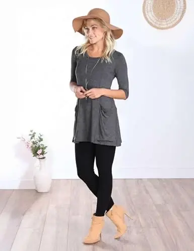 Popana Womens 3/4 Sleeve Tunic Top with Pockets - Made in USA Long Shirts to Wear with Leggings - Tunic Pullover for Women - 4