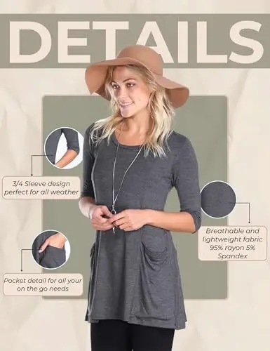 Popana Womens 3/4 Sleeve Tunic Top with Pockets - Made in USA Long Shirts to Wear with Leggings - Tunic Pullover for Women - 6