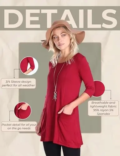 Popana Womens 3/4 Sleeve Tunic Top with Pockets - Made in USA Long Shirts to Wear with Leggings - Tunic Pullover for Women - 6