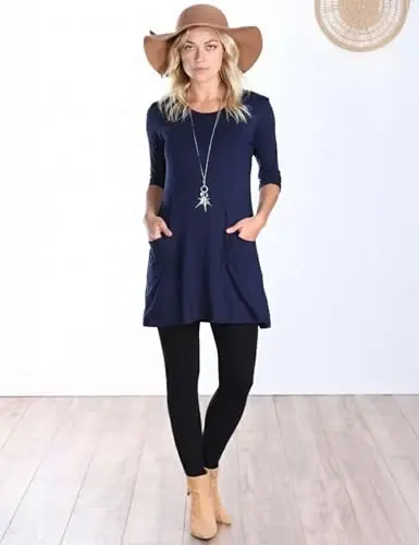 Popana Womens 3/4 Sleeve Tunic Top with Pockets - Made in USA Long Shirts to Wear with Leggings - Tunic Pullover for Women - 3