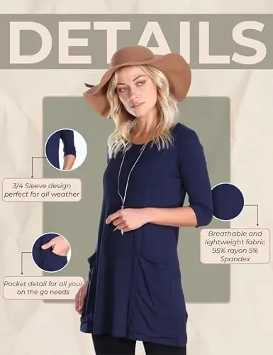 Popana Womens 3/4 Sleeve Tunic Top with Pockets - Made in USA Long Shirts to Wear with Leggings - Tunic Pullover for Women - 6