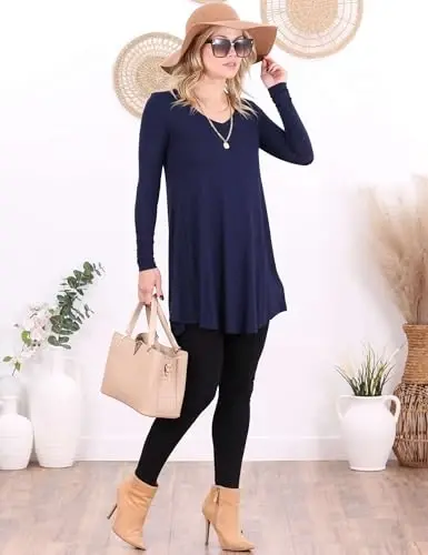 Popana Kadın Uzun Kollu Tunik Üstler, Kadınlar için Salaş Şık Bol Kesim Tunik Tişörtler, Taytlar için Uzun Kollu Gömlek - 4
