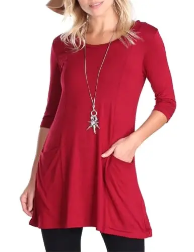 Popana Women’s 3/4 Sleeve Tunic Top – Scoop Neck Long Tunic Shirts to Wear with Leggings with Pockets - 1