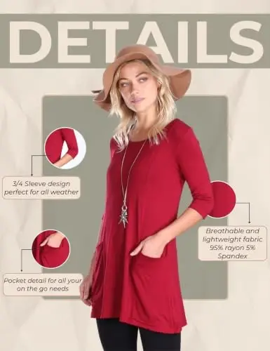 Popana Women’s 3/4 Sleeve Tunic Top – Scoop Neck Long Tunic Shirts to Wear with Leggings with Pockets - 6