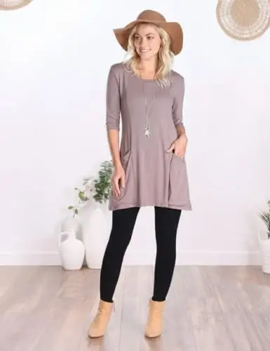 Popana Women’s 3/4 Sleeve Tunic Top – Scoop Neck Long Tunic Shirts to Wear with Leggings with Pockets - Popana (1)