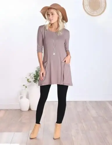 Popana Women’s 3/4 Sleeve Tunic Top – Scoop Neck Long Tunic Shirts to Wear with Leggings with Pockets - 3