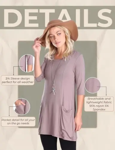 Popana Women’s 3/4 Sleeve Tunic Top – Scoop Neck Long Tunic Shirts to Wear with Leggings with Pockets - 6