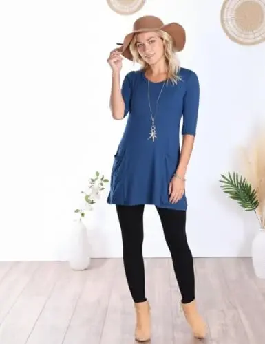 Popana Women’s 3/4 Sleeve Tunic Top – Scoop Neck Long Tunic Shirts to Wear with Leggings with Pockets - 3