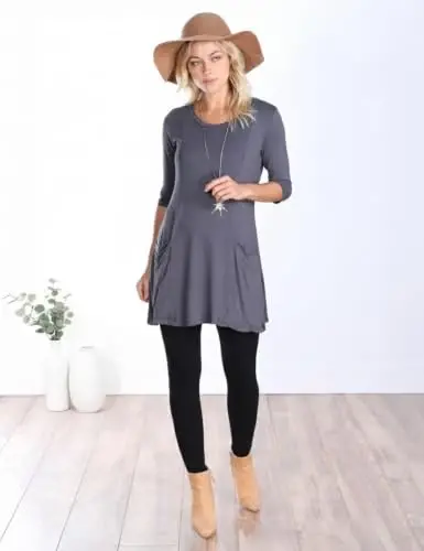 Popana Women’s 3/4 Sleeve Tunic Top – Scoop Neck Long Tunic Shirts to Wear with Leggings with Pockets - 3