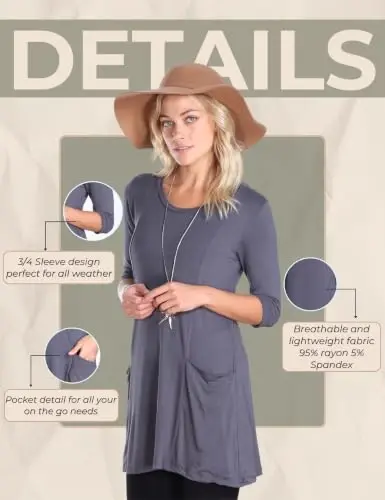 Popana Women’s 3/4 Sleeve Tunic Top – Scoop Neck Long Tunic Shirts to Wear with Leggings with Pockets - 6