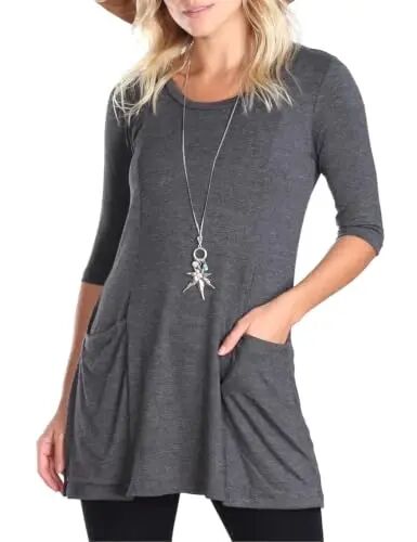 Popana Women’s 3/4 Sleeve Tunic Top – Scoop Neck Long Tunic Shirts to Wear with Leggings with Pockets - Popana