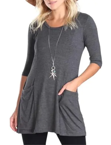 Popana Women’s 3/4 Sleeve Tunic Top – Scoop Neck Long Tunic Shirts to Wear with Leggings with Pockets - 1