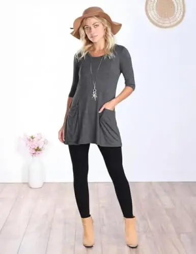 Popana Women’s 3/4 Sleeve Tunic Top – Scoop Neck Long Tunic Shirts to Wear with Leggings with Pockets - 3