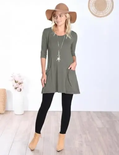 Popana Women’s 3/4 Sleeve Tunic Top – Scoop Neck Long Tunic Shirts to Wear with Leggings with Pockets - 3