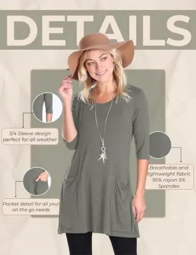 Popana Women’s 3/4 Sleeve Tunic Top – Scoop Neck Long Tunic Shirts to Wear with Leggings with Pockets - 5