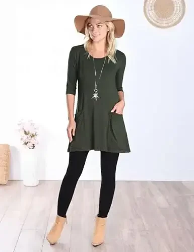 Popana Womens 3/4 Sleeve Tunic Top with Pockets - Made in USA Long Shirts to Wear with Leggings - Tunic Pullover for Women - 3