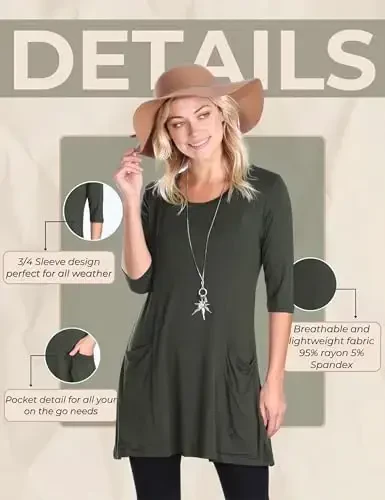 Popana Womens 3/4 Sleeve Tunic Top with Pockets - Made in USA Long Shirts to Wear with Leggings - Tunic Pullover for Women - 6
