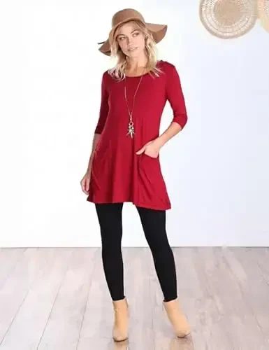 Popana Womens 3/4 Sleeve Tunic Top with Pockets - Made in USA Long Shirts to Wear with Leggings - Tunic Pullover for Women - 3