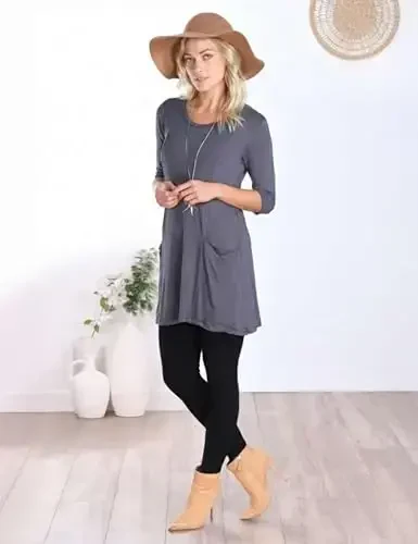 Popana Womens 3/4 Sleeve Tunic Top with Pockets - Made in USA Long Shirts to Wear with Leggings - Tunic Pullover for Women - 4