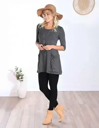 Popana Womens 3/4 Sleeve Tunic Top with Pockets - Made in USA Long Shirts to Wear with Leggings - Tunic Pullover for Women - 4