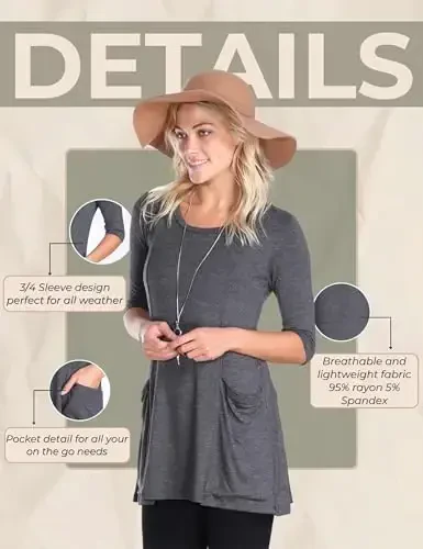 Popana Womens 3/4 Sleeve Tunic Top with Pockets - Made in USA Long Shirts to Wear with Leggings - Tunic Pullover for Women - 6