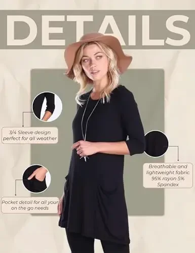 Popana Womens 3/4 Sleeve Tunic Top with Pockets - Made in USA Long Shirts to Wear with Leggings - Tunic Pullover for Women - 6