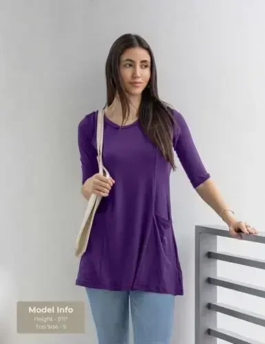 Popana Womens 3/4 Sleeve Tunic Top with Pockets - Made in USA Long Shirts to Wear with Leggings - Tunic Pullover for Women - 2