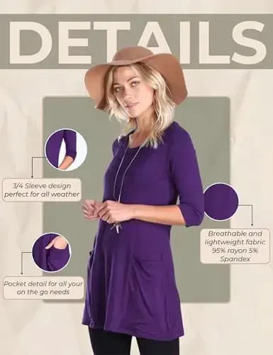 Popana Womens 3/4 Sleeve Tunic Top with Pockets - Made in USA Long Shirts to Wear with Leggings - Tunic Pullover for Women - 6