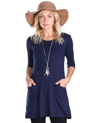 Popana Womens 3/4 Sleeve Tunic Top with Pockets - Made in USA Long Shirts to Wear with Leggings - Tunic Pullover for Women - POPANA